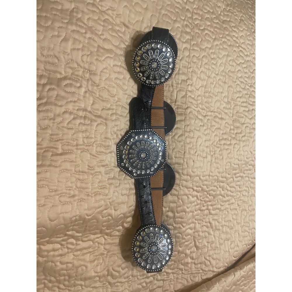 Tony Lama Black Leather Concho Belt Rhinestone Western Made in USA 32